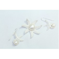 Handmade 925 Sterling Silver Pendant Earring set white pearls Stones star shape